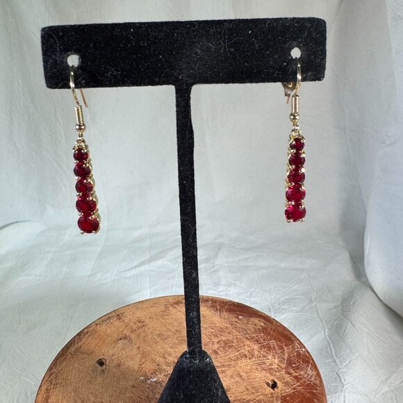 Gold-Tone Dangling Linear Drop Earrings With Red Gemstone Accents Hook Back - Picture 2 of 6